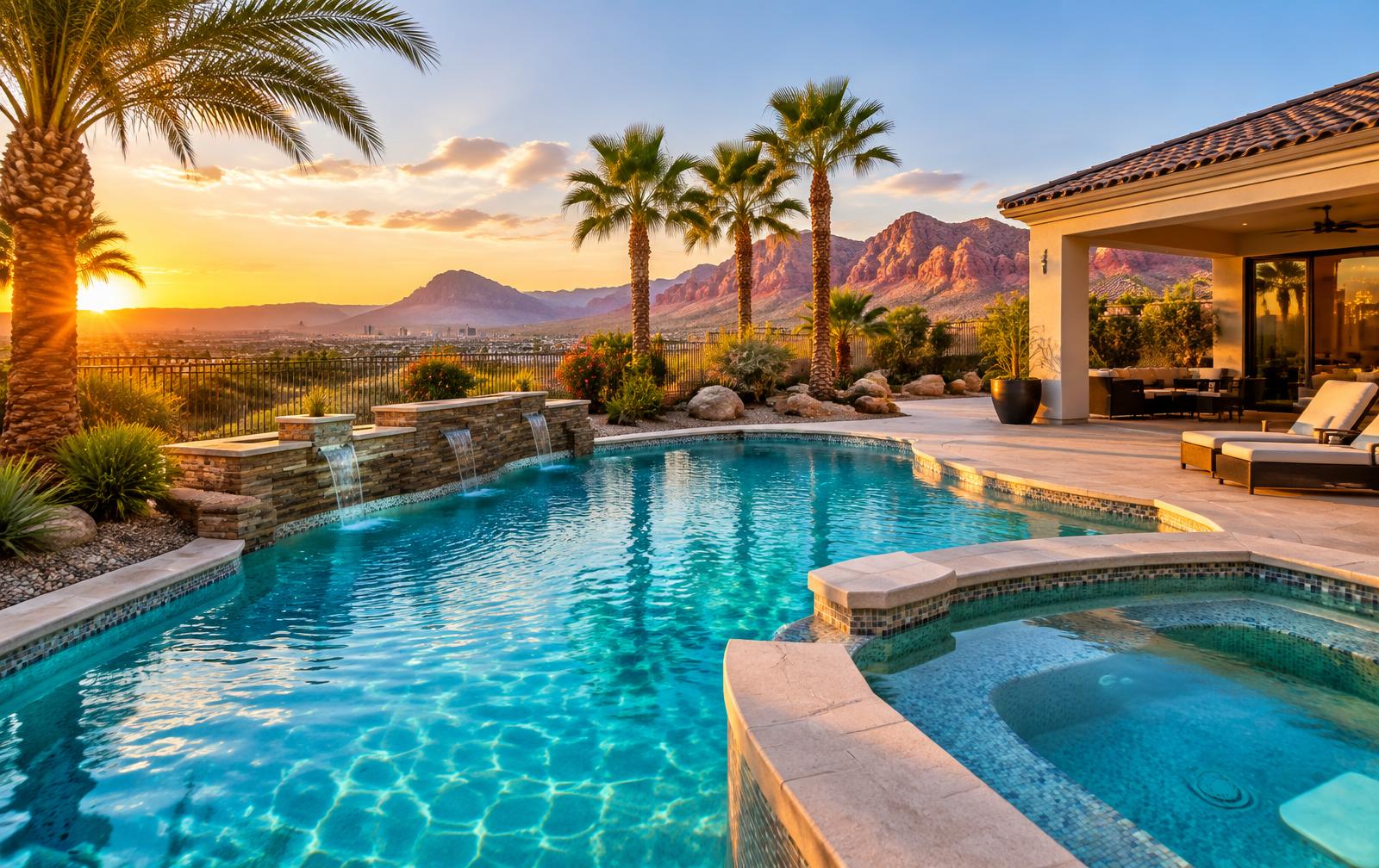 Crystal clear pool and spa in a Las Vegas backyard